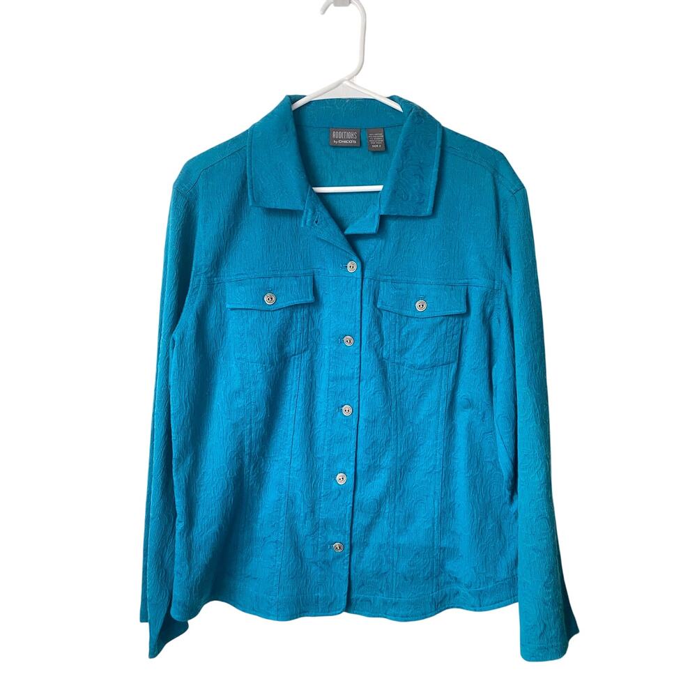 Chico’s Additions Teal Shirt Jacket Sz 2 Textured Utilitycore Artsy Boho Coastal